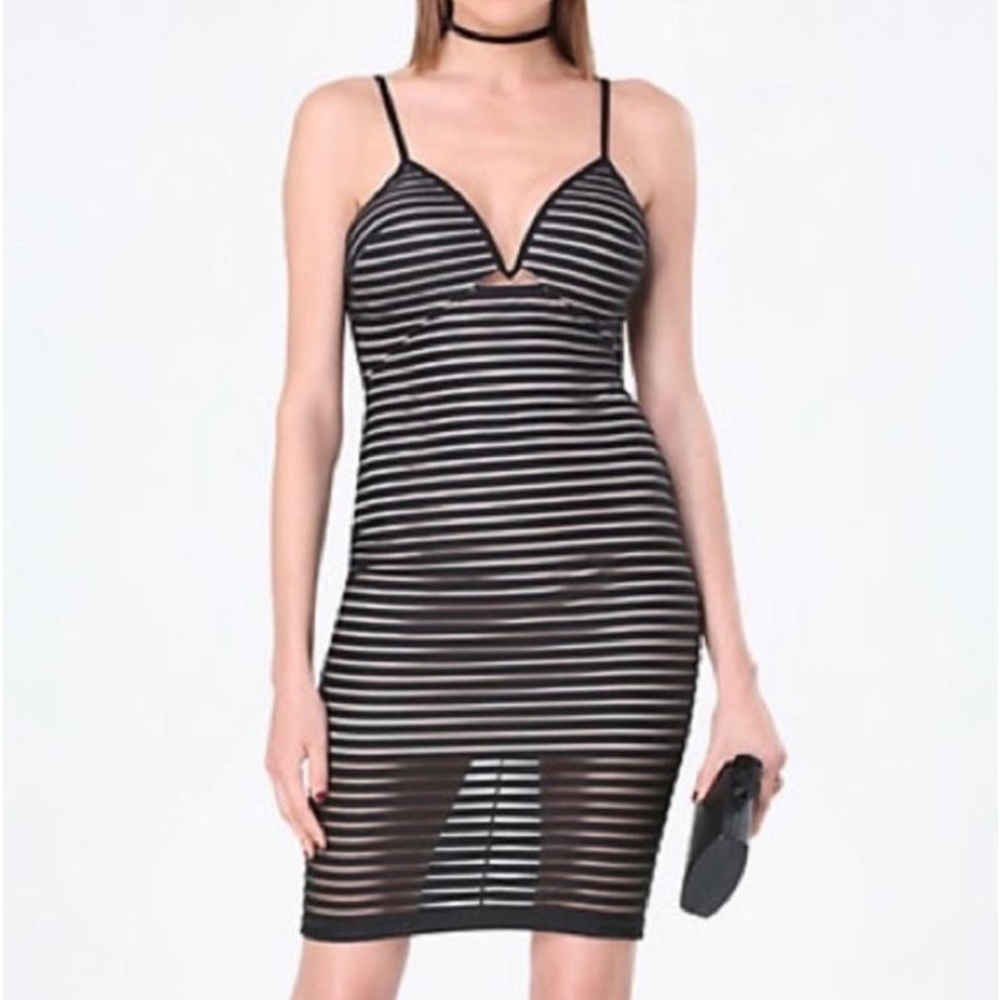 ๐ bebe dress deep v black nude stripes midi dress XL New ๐ - Picture 1 of 8